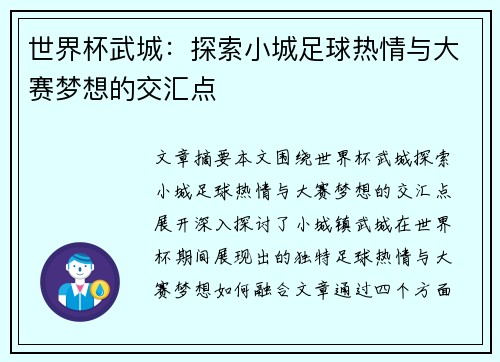 世界杯武城：探索小城足球热情与大赛梦想的交汇点