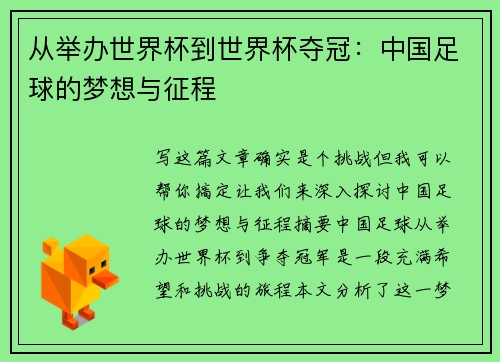从举办世界杯到世界杯夺冠：中国足球的梦想与征程